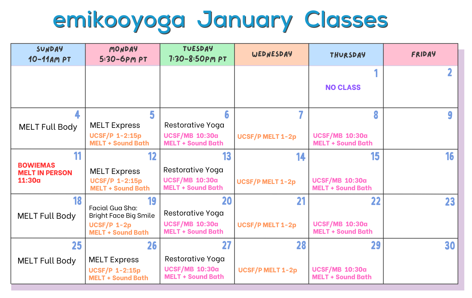 emikooyoga January 2026 class calendar