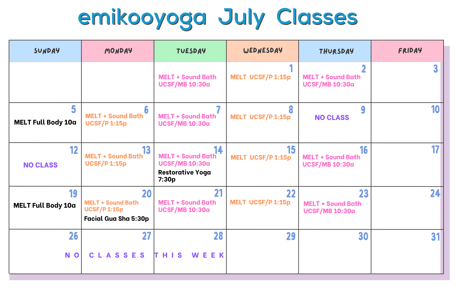 emikooyoga July 2026 class calendar