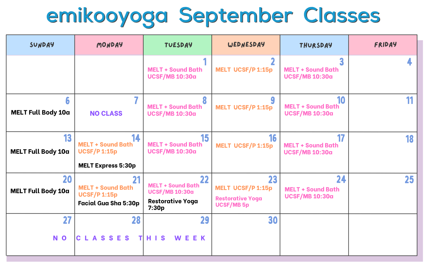 emikooyoga September 2026 class calendar