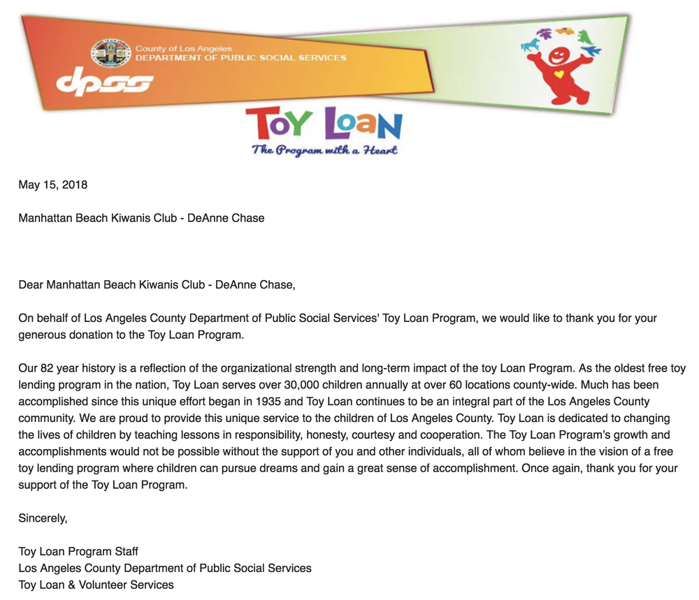 Thank You From The Toy Loan Program Kiwanis Club Of Manhattan Beach
