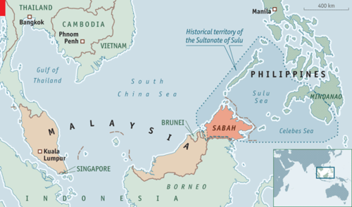 Sabah, the northeastern quadrant of Borneo (whose south is Indonesian and whose north is Malaysian) once belonged to the Sultan of Sulu, at the time the most powerful ruler in the Philippines