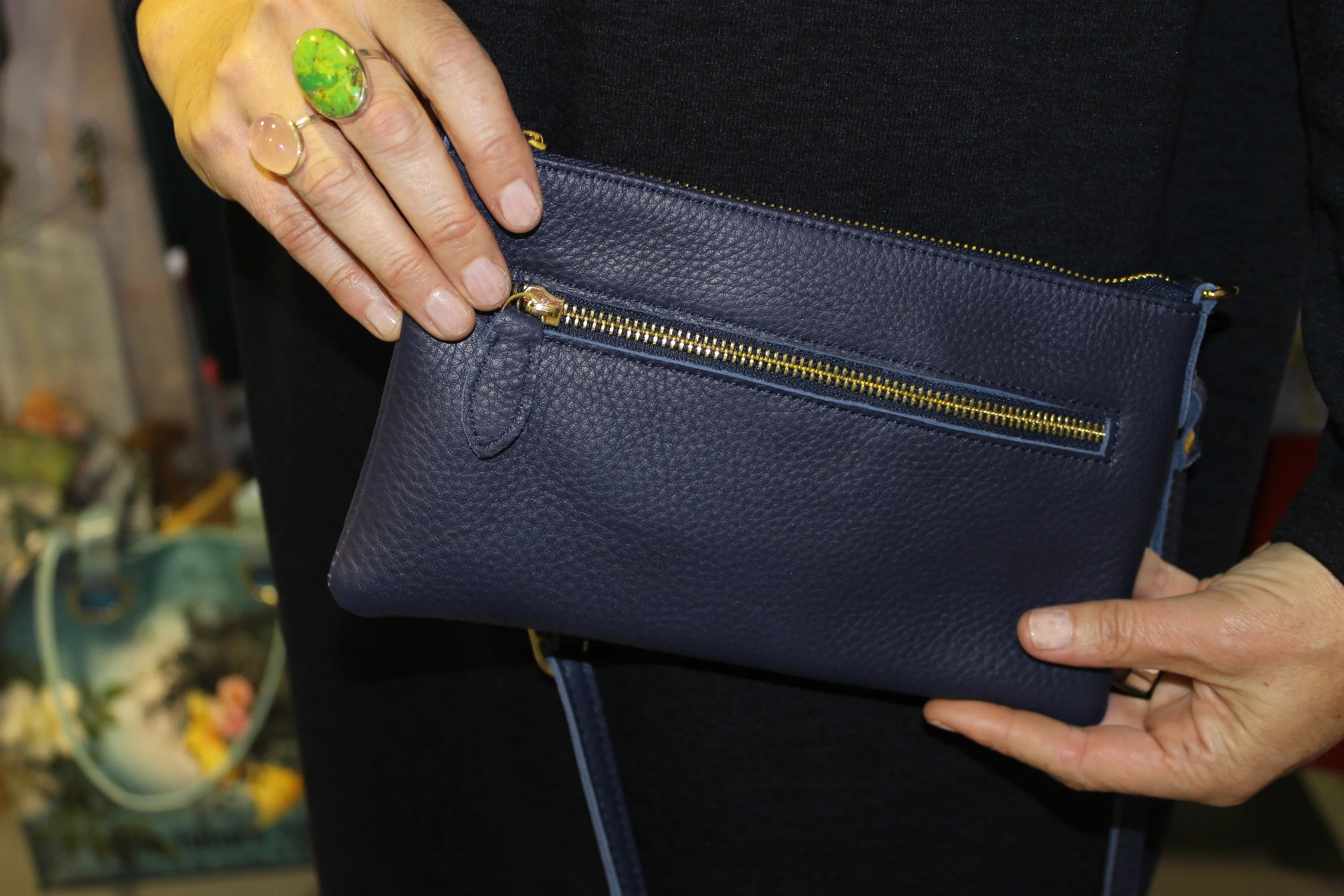 Navy leather bag or converts to clutch bag.JPG