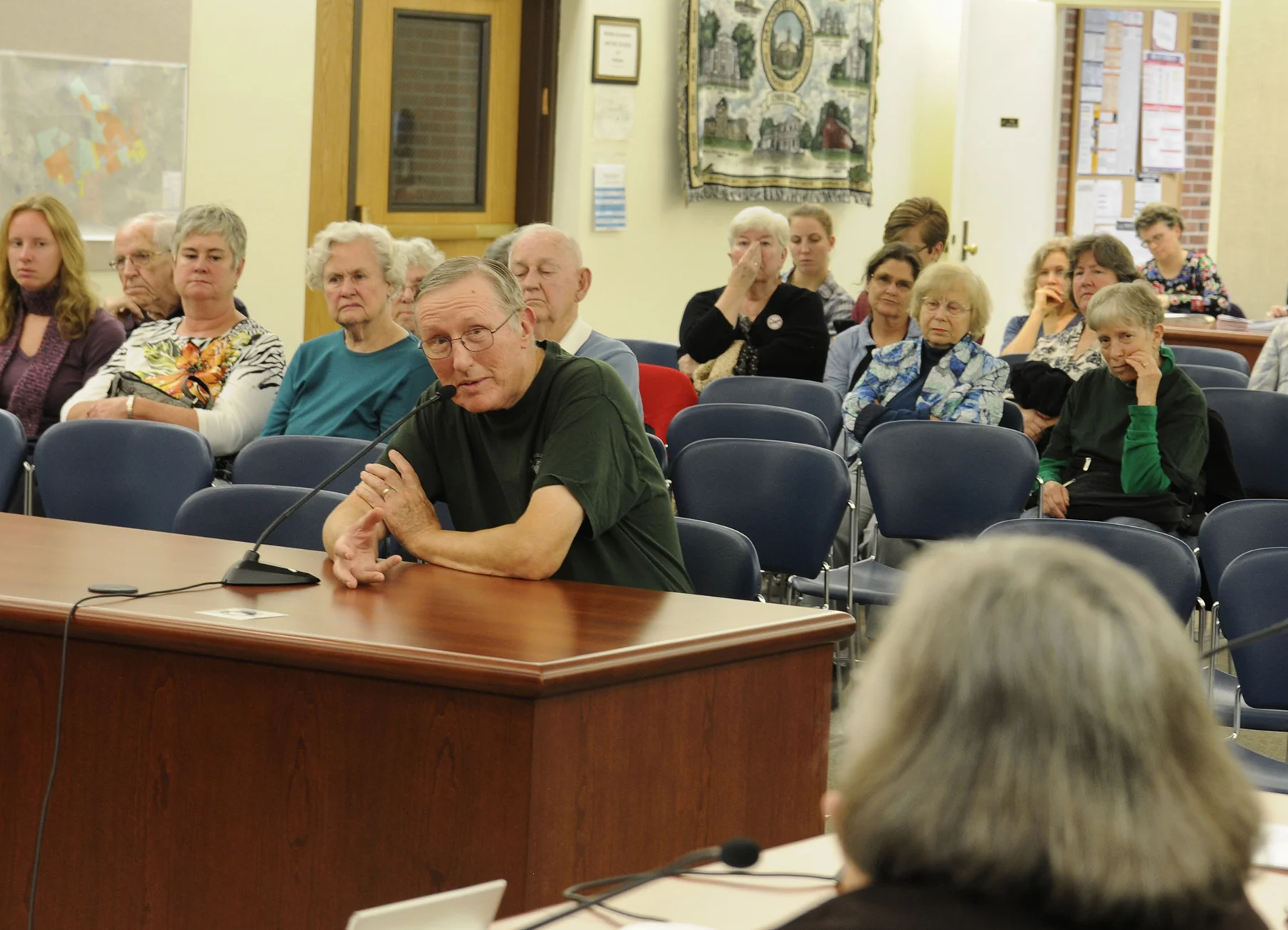 Mansfield resident Gary Bent speaks to the town's council in a public hearing during the council's weekly meeting on Tuesday, Oct. 13, 2015. Bent, a local farmer and leader of the Eastern Connecticut Green Action, urged the council to ben use o