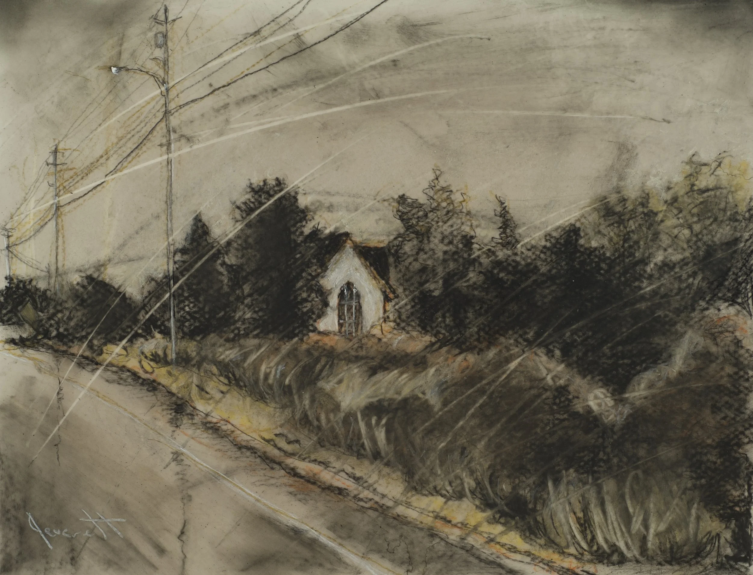 Benvoulin Church, 8x10", mixed media on drafting film