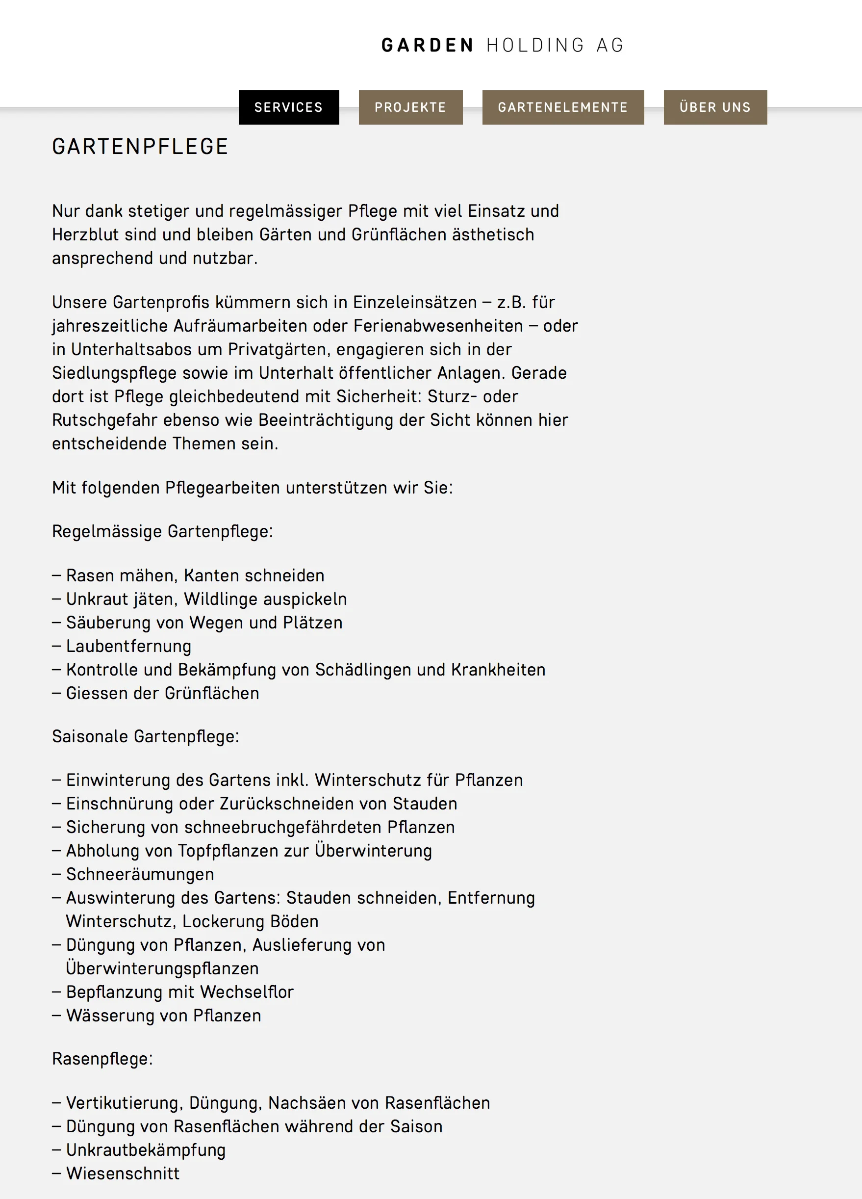 Webseitenbetextung Garden Holding AG