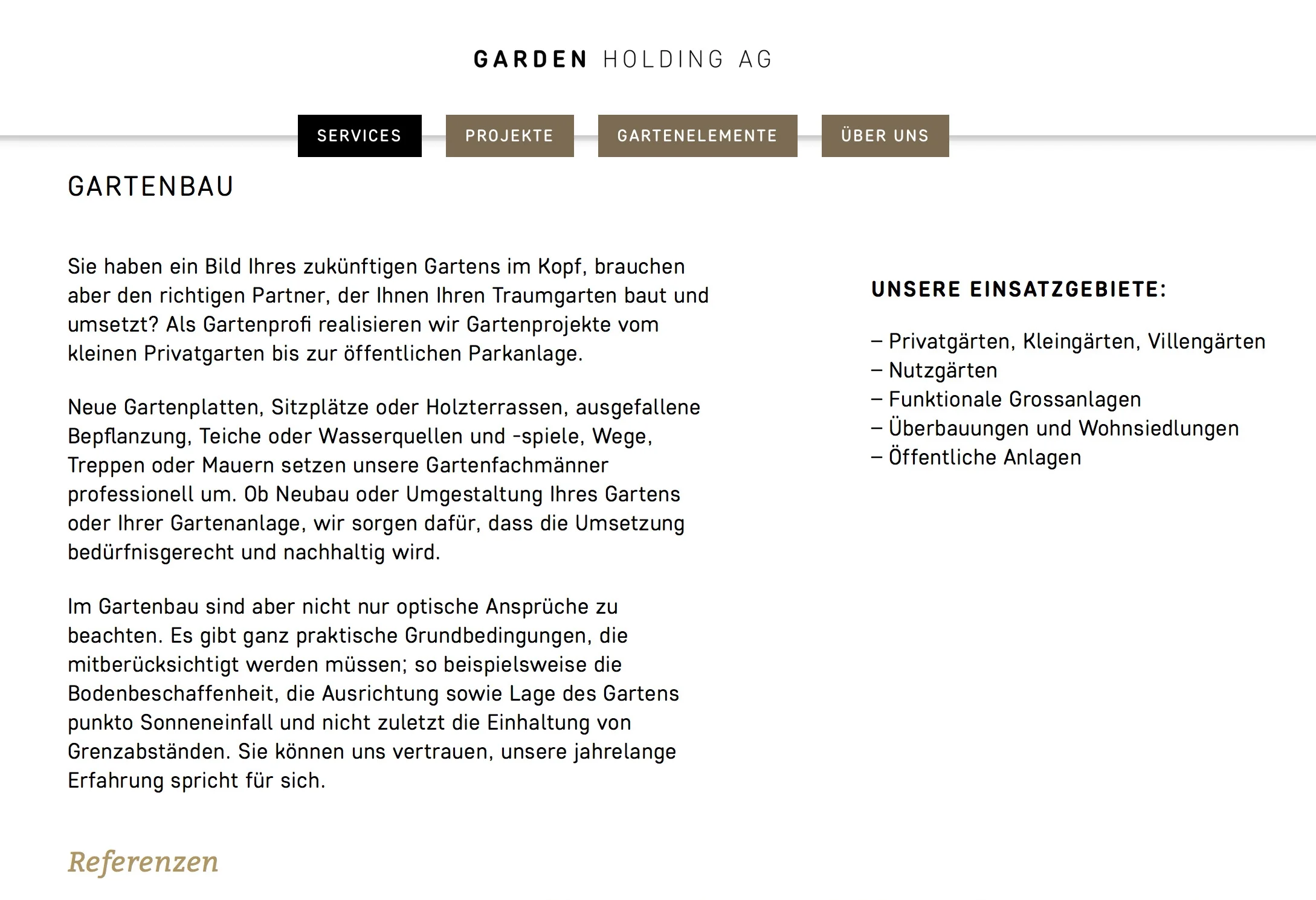 Webseitenbetextung Garden Holding AG