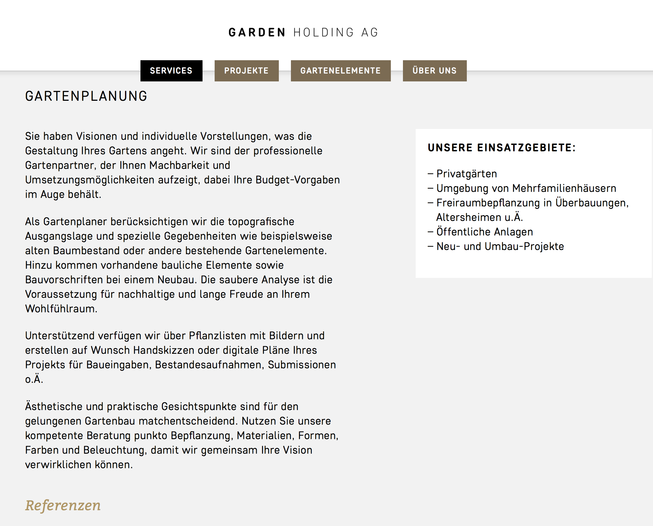 Webseitenbetextung Garden Holding AG