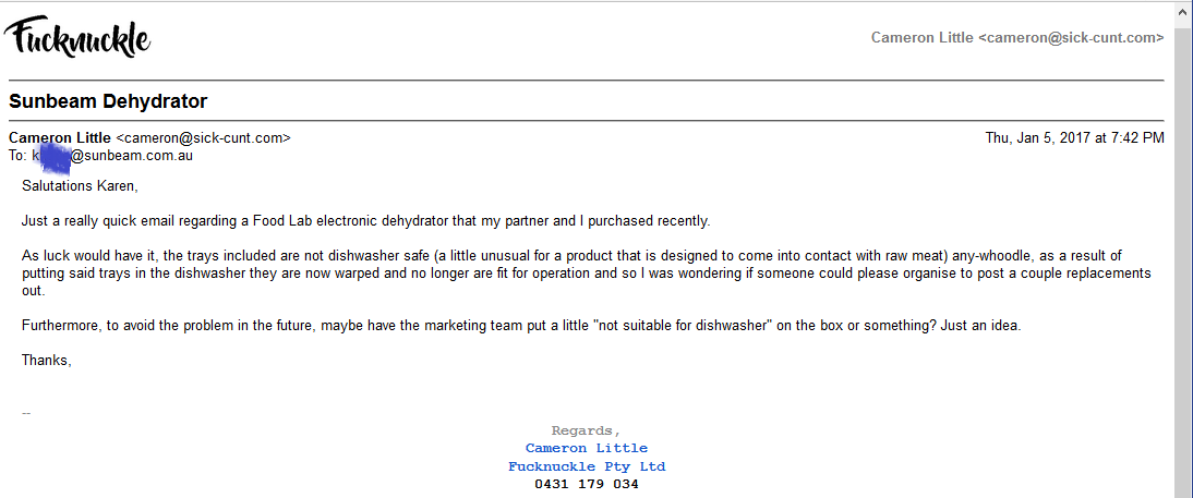 CEO of Sunbeam Australia receives a rather pleasant email.