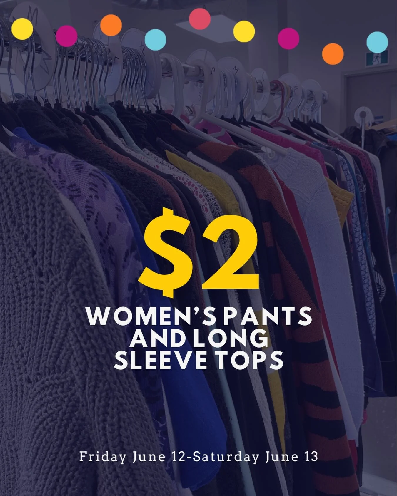 📢Weekend SALE🎉
All women&rsquo;s pants and long sleeve tops will be $2 this Friday and Saturday (in addition to our tank tops and shorts, which are also on sale for $2 each)! 
Don&rsquo;t miss out 🙌