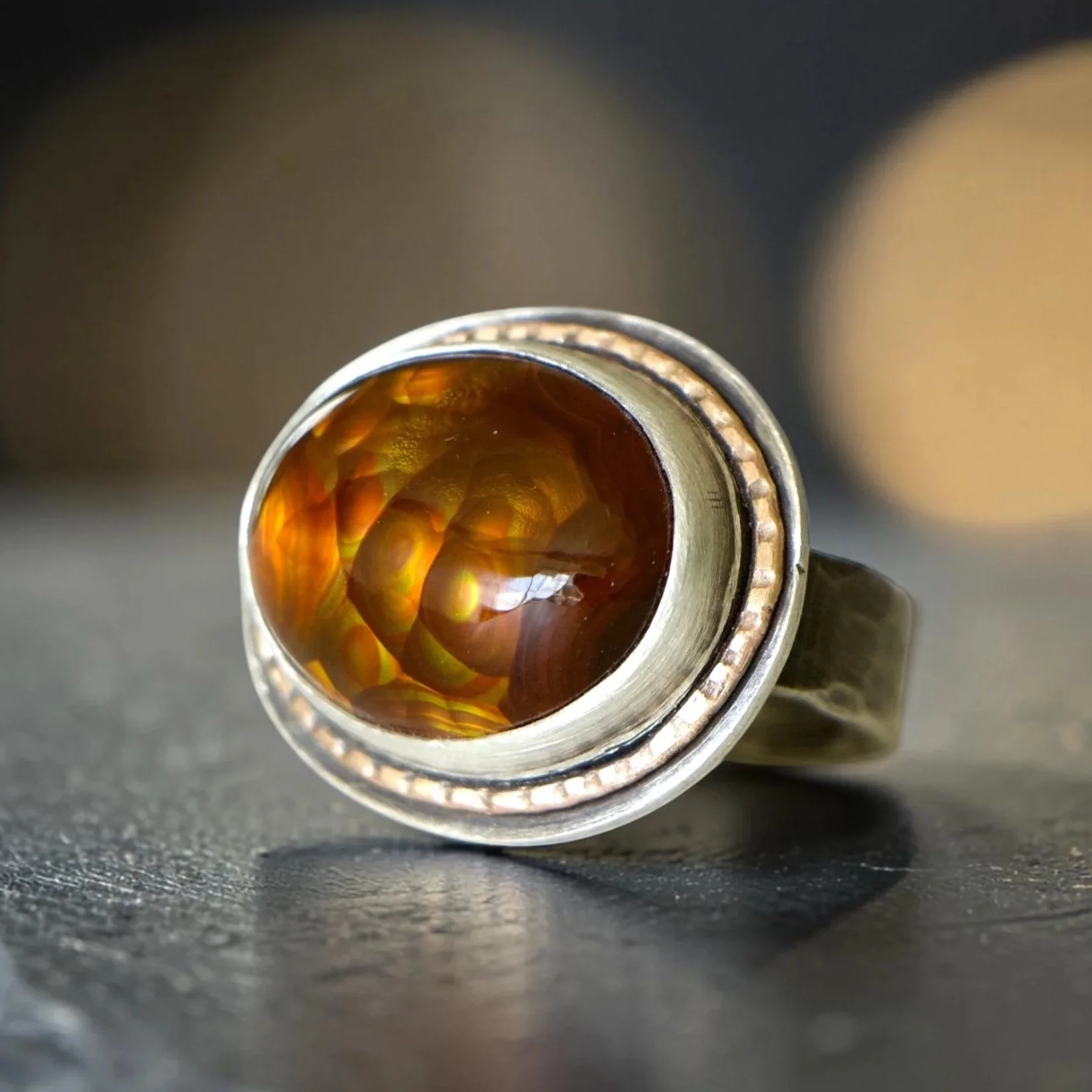 Fire Agate Ring ~ East West ~ Fine & Sterling Silver ~ Copper ~ 6.5