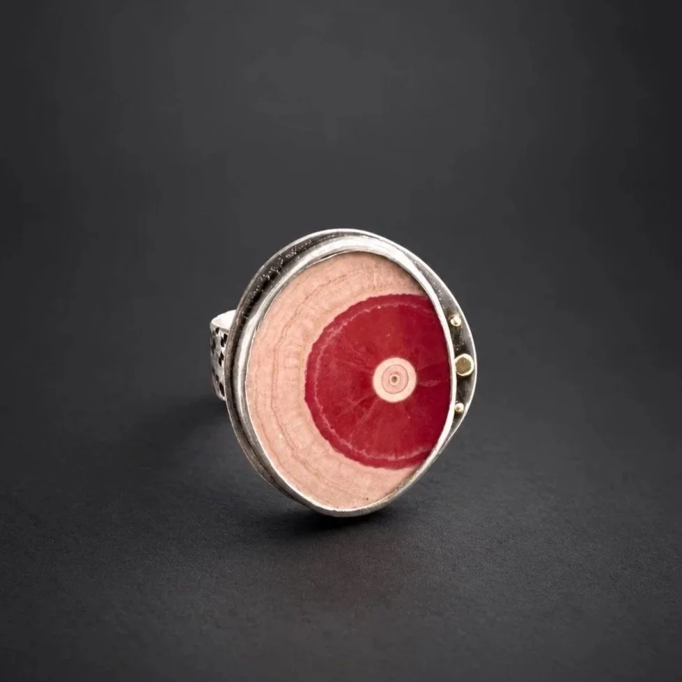 Rhodochrosite Stalactite Slice Ring ~ Fine & Sterling Silver ~ 14k Gold ~ 7.5