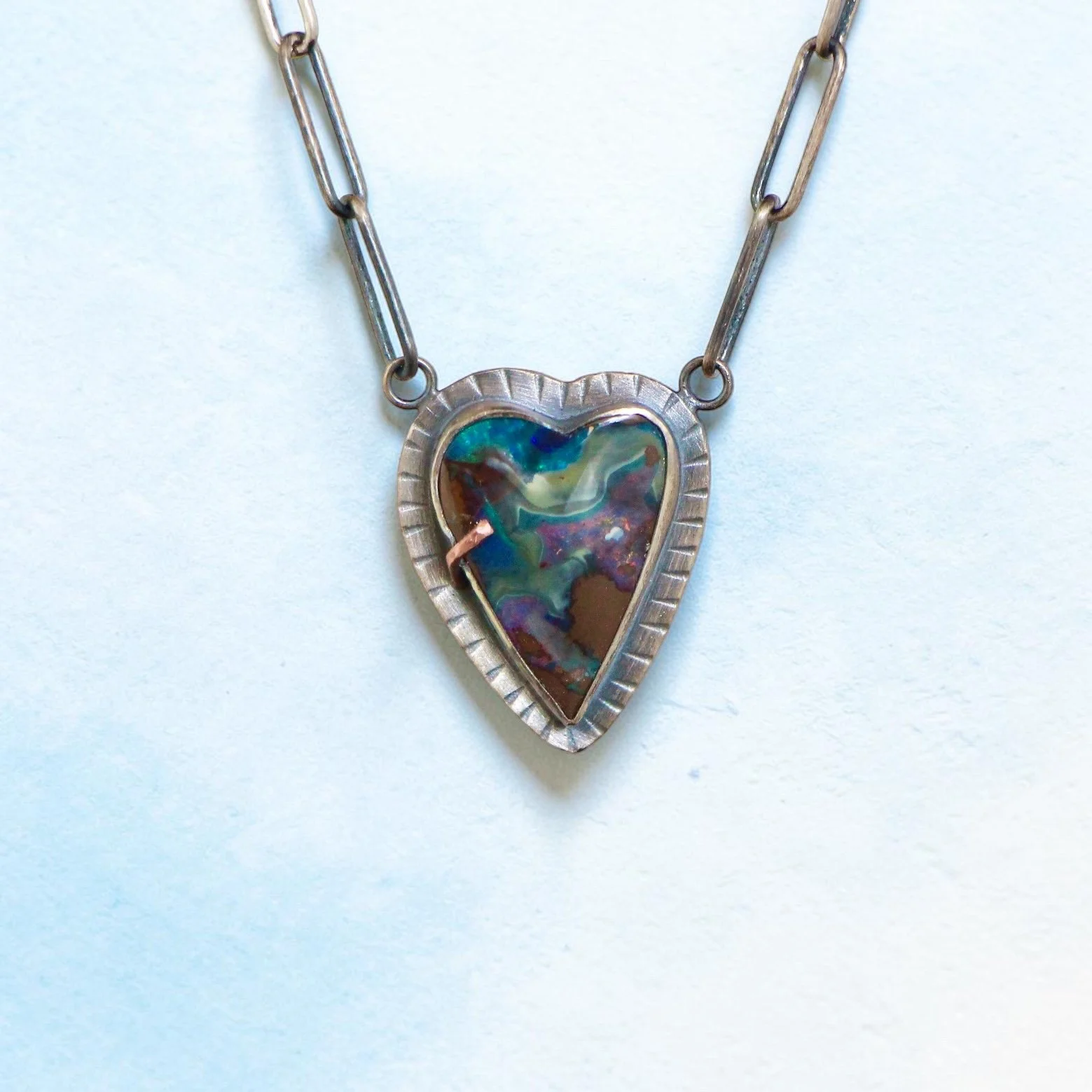 Boulder Opal Heart Necklace ~ Fine & Sterling Silver ~ Copper