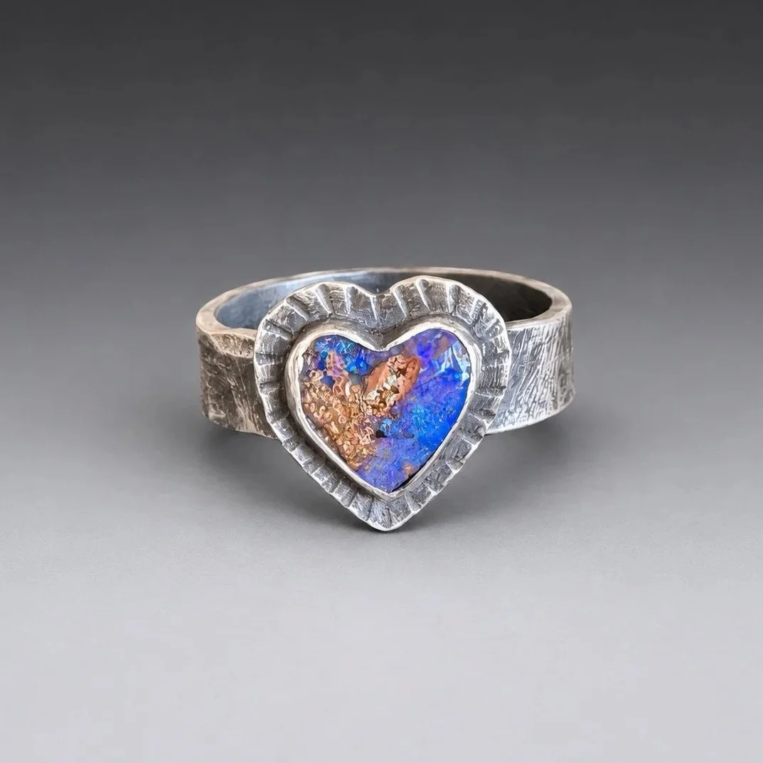 Purple Opal Heart Ring ~ Fine & Sterling Silver ~ Size 7.75