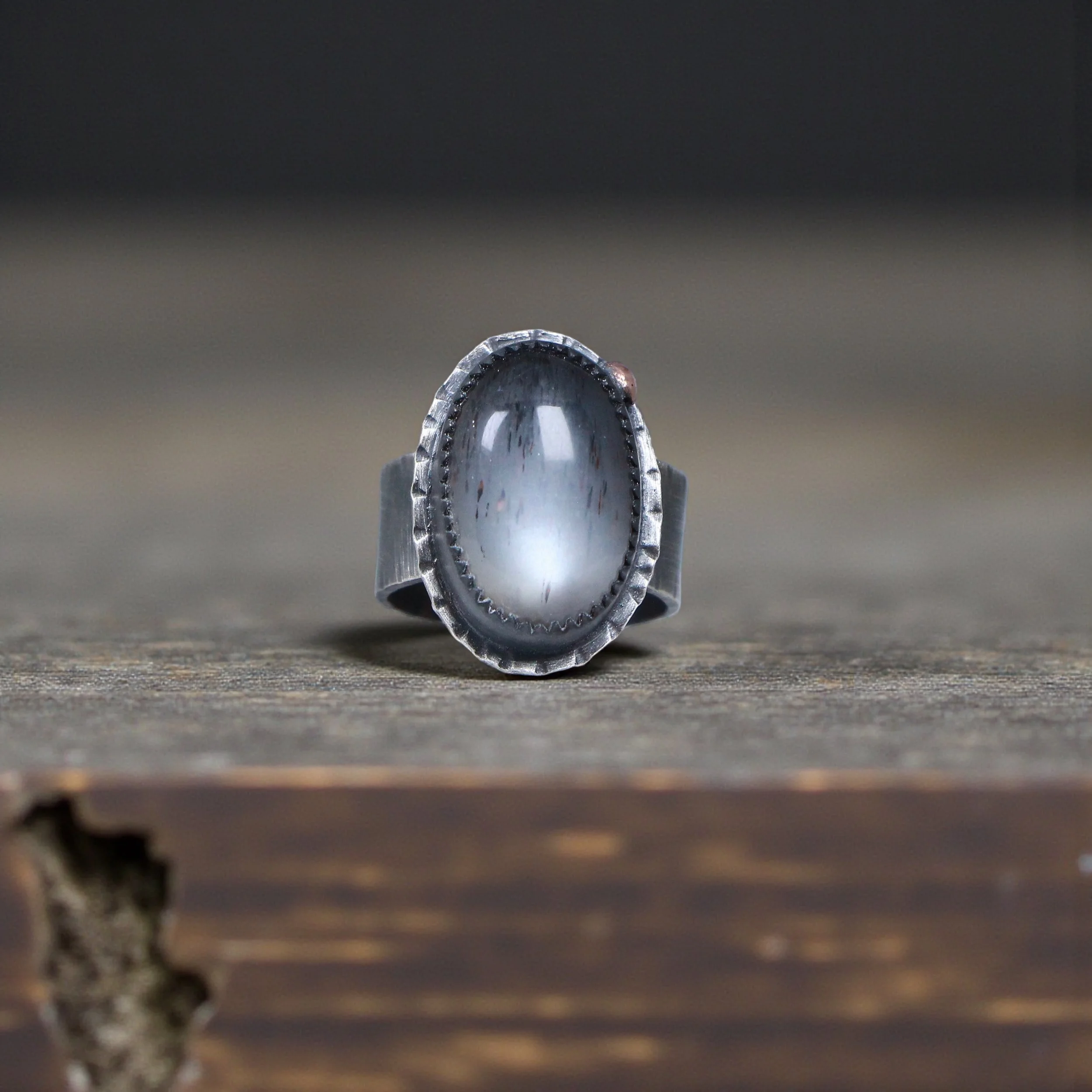 Blackened Moonstone Ring ~ Fine & Sterling Silver ~ Copper ~ Size 6-6.5