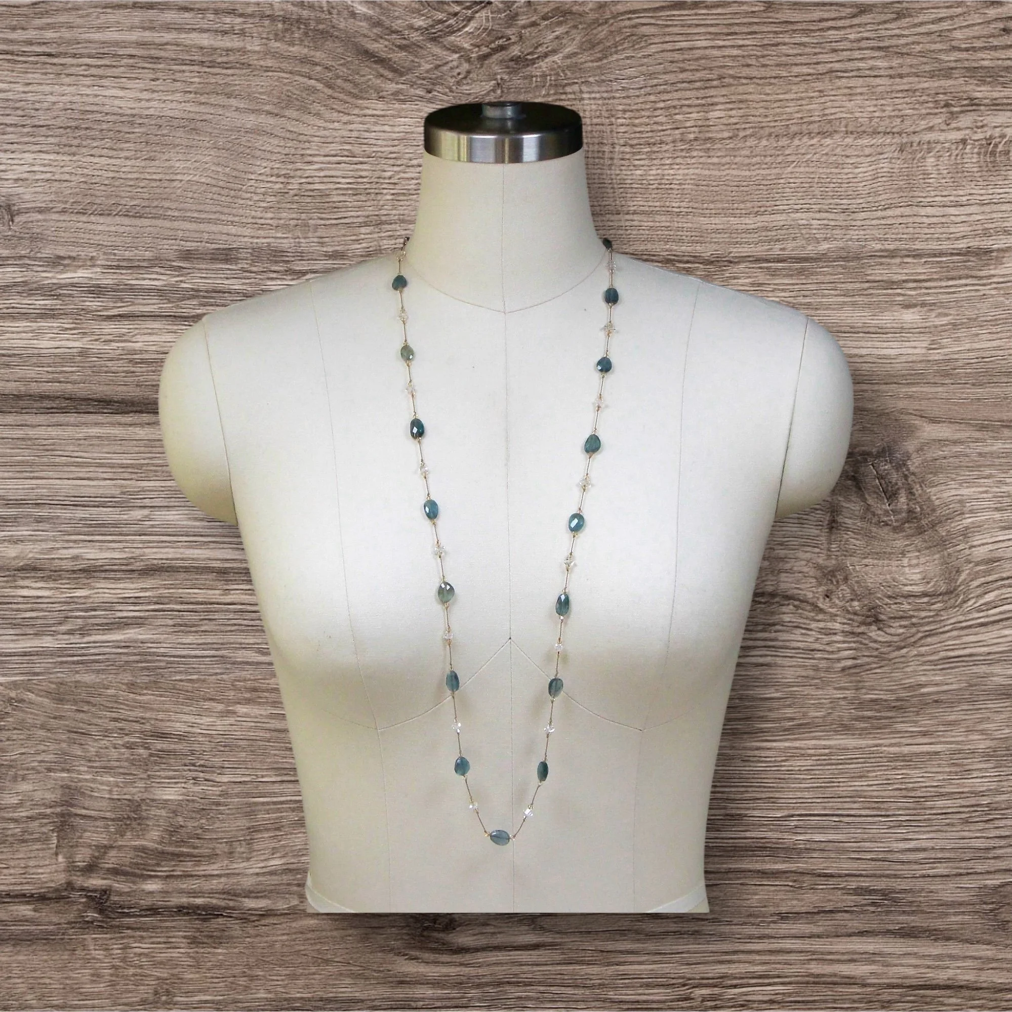 Long ~ Moss Aquamarine ~ Herkimer Diamond ~ Beige Silk