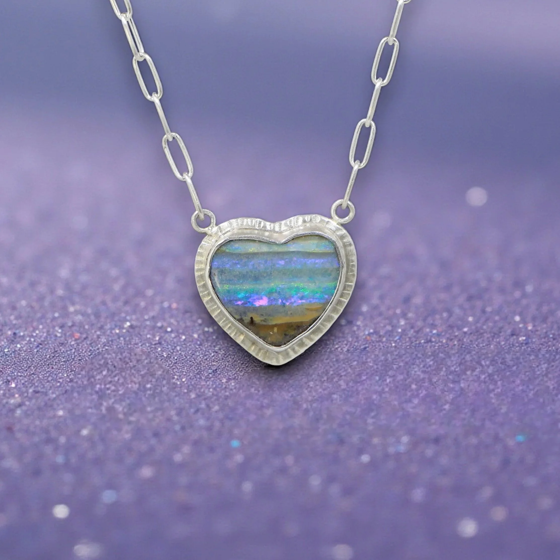 Stripey Boulder Opal Heart Necklace ~ Fine ~ Sterling Silver