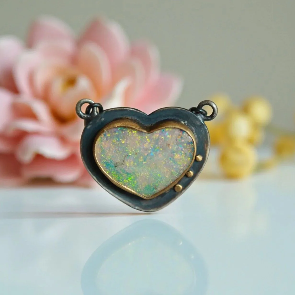 Boulder Opal Heart Necklace ~ 22k ~ Sterling ~ Natural Diamond ~