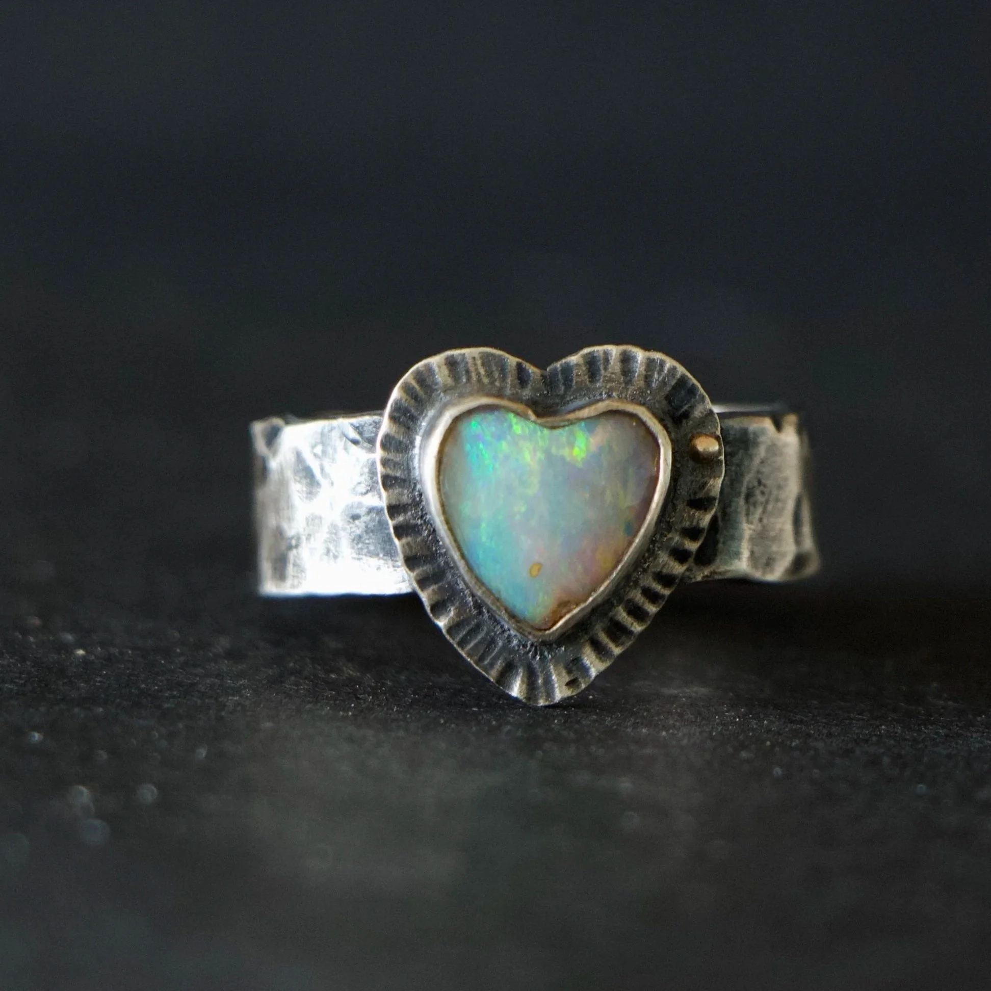 Heart Ring ~ Pipe Opal ~ Fine  Silver ~ 14k Gold ~ Size 6.5