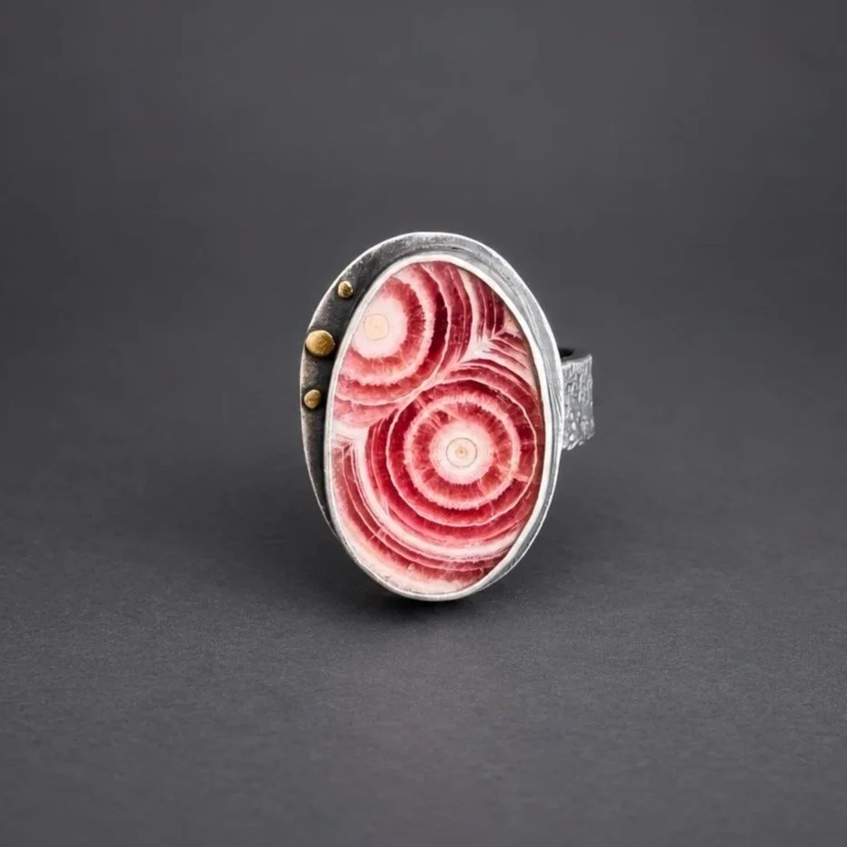 Rhodochrosite Stalactite Ring ~ Fine & Sterling Silver ~ 10k Gold ~ 8.5