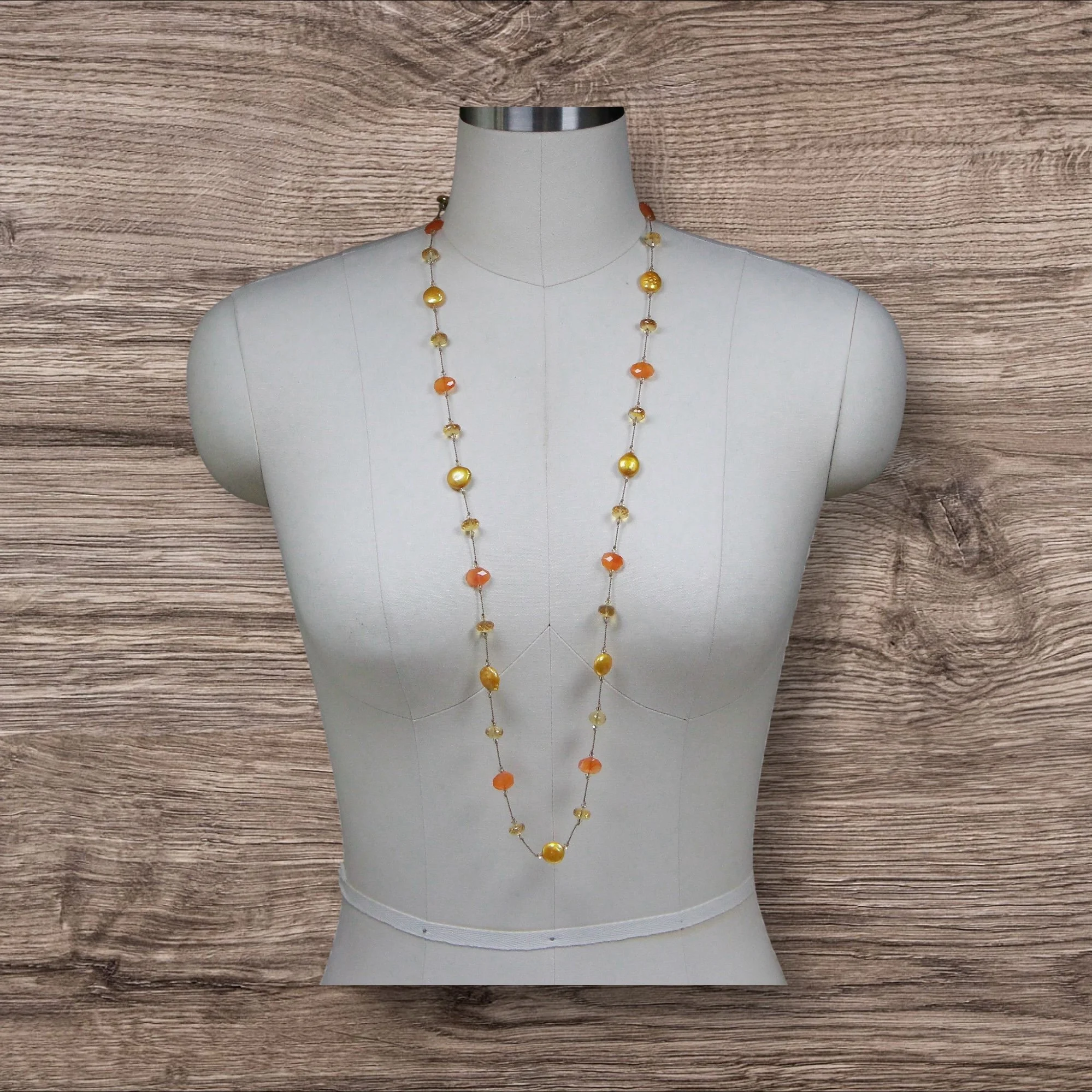 Long ~ Gold Coin Pearls ~ Carnelian ~ Citrine ~ Beige Silk