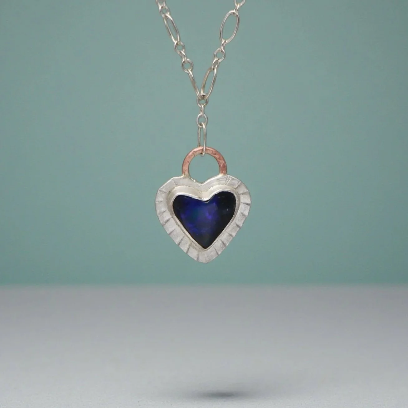 Black Opal Heart Necklace ~ Fine & Sterling Silver ~ Copper