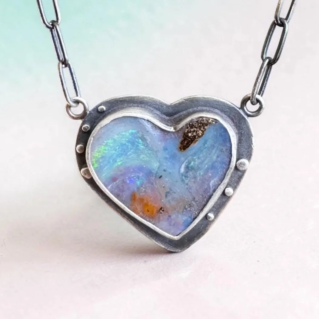 Asymmetrical Opal Heart Necklace ~ Fine & Sterling Silver