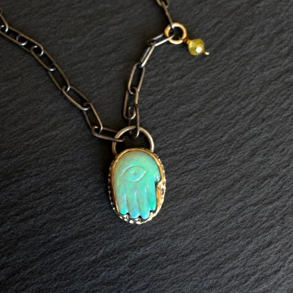Boulder Opal Carved Hamsa Necklace ~ 18k Gold ~ Fine & Sterling Silver