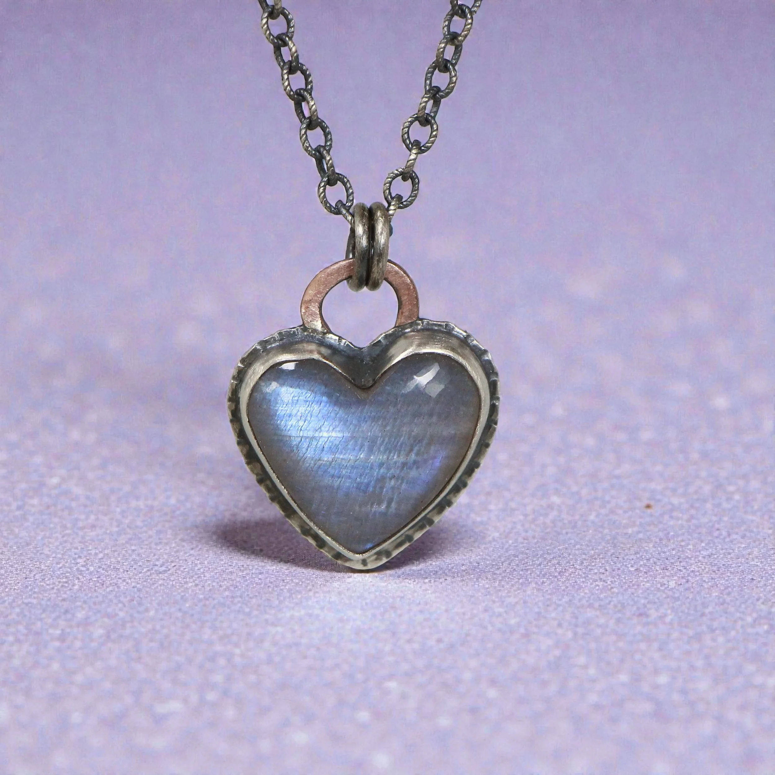 Belomorite Moonstone Heart Necklace ~ Fine & Sterling Silver ~ Copper