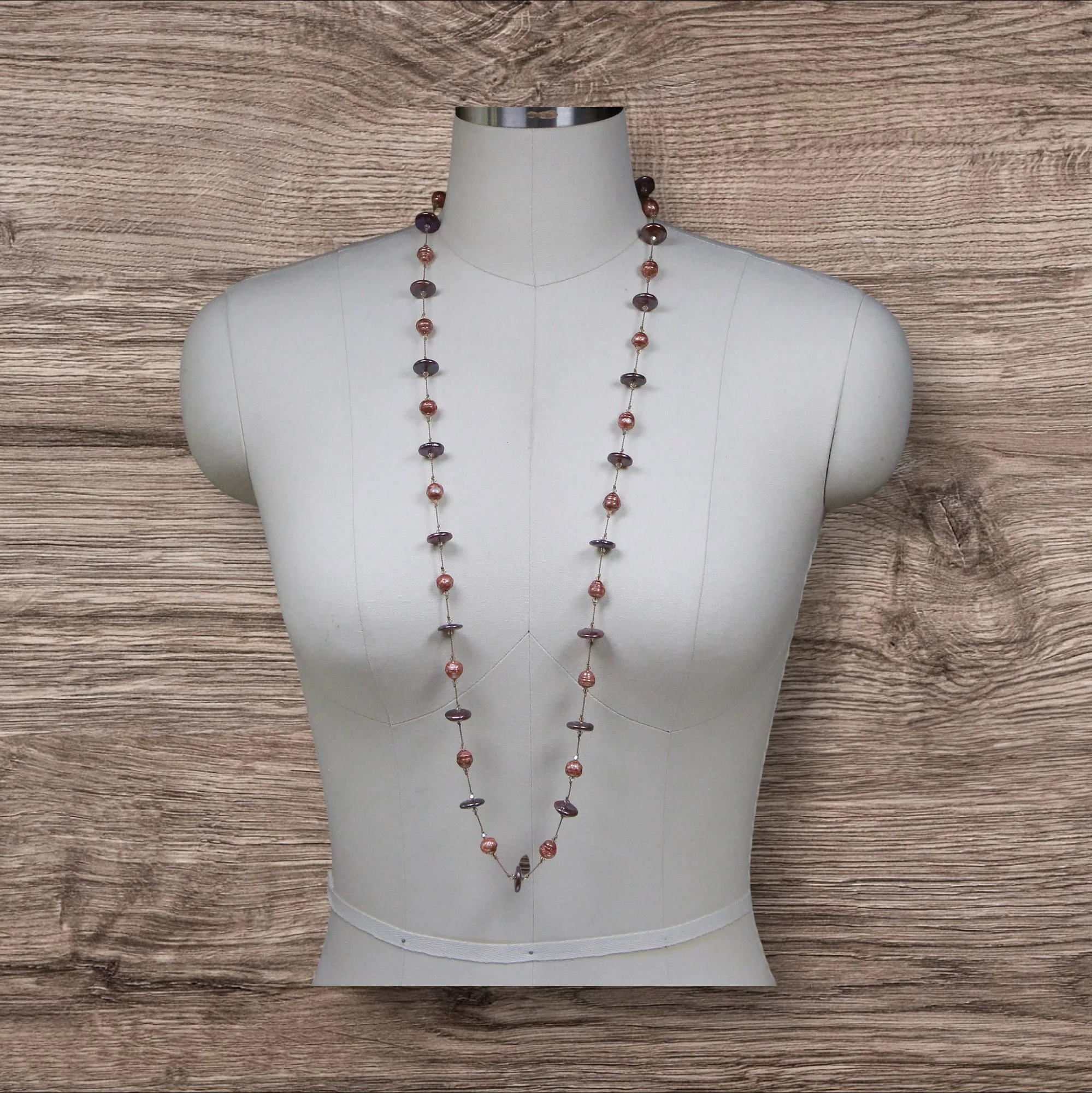 Long ~ Faceted & Smooth Freshwater Pearls Mauve ~ Burgundy ~ Beige Silk