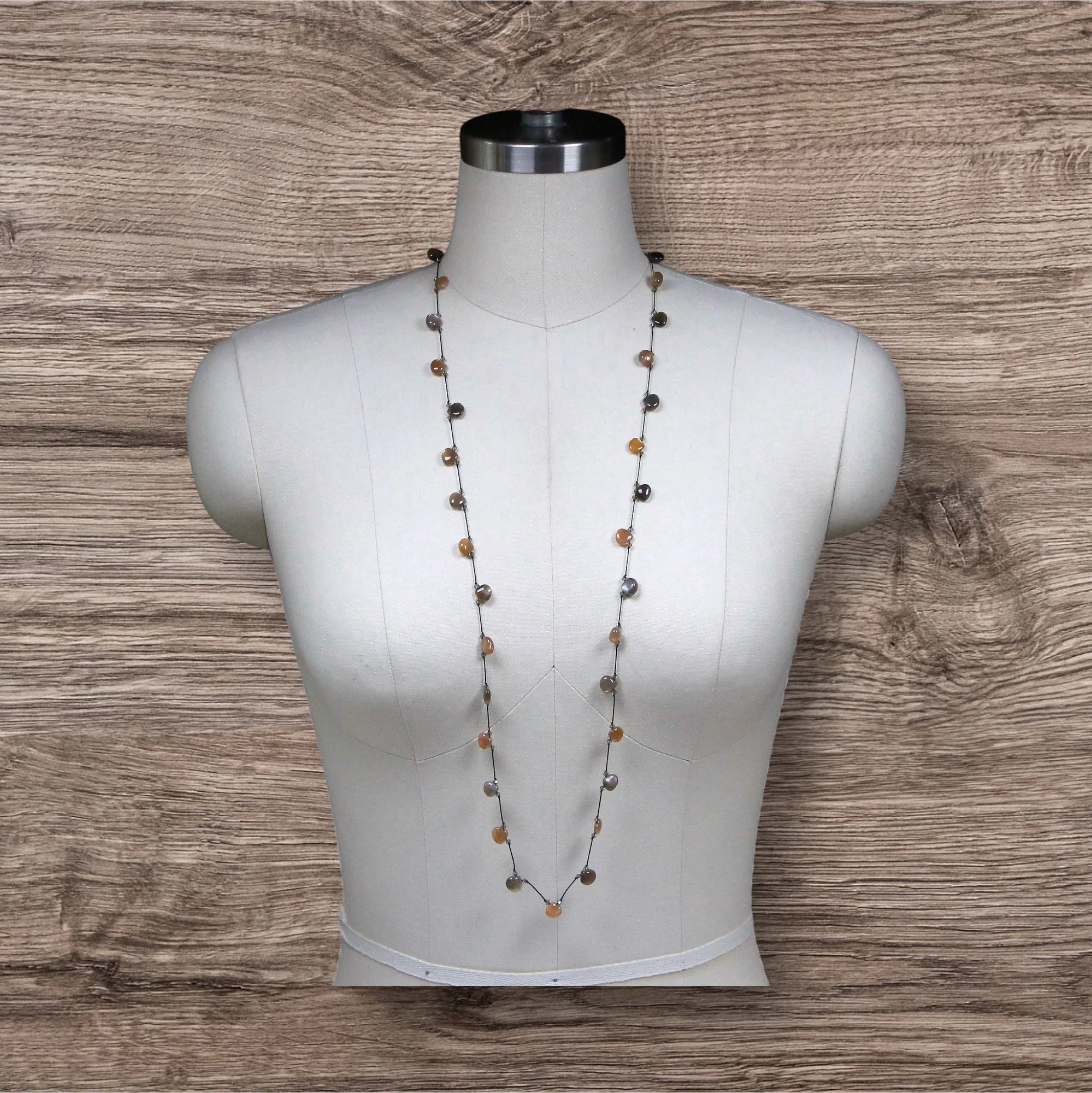 Long ~ Peach ~ Grey Moonstone Drops ~ Black Silk