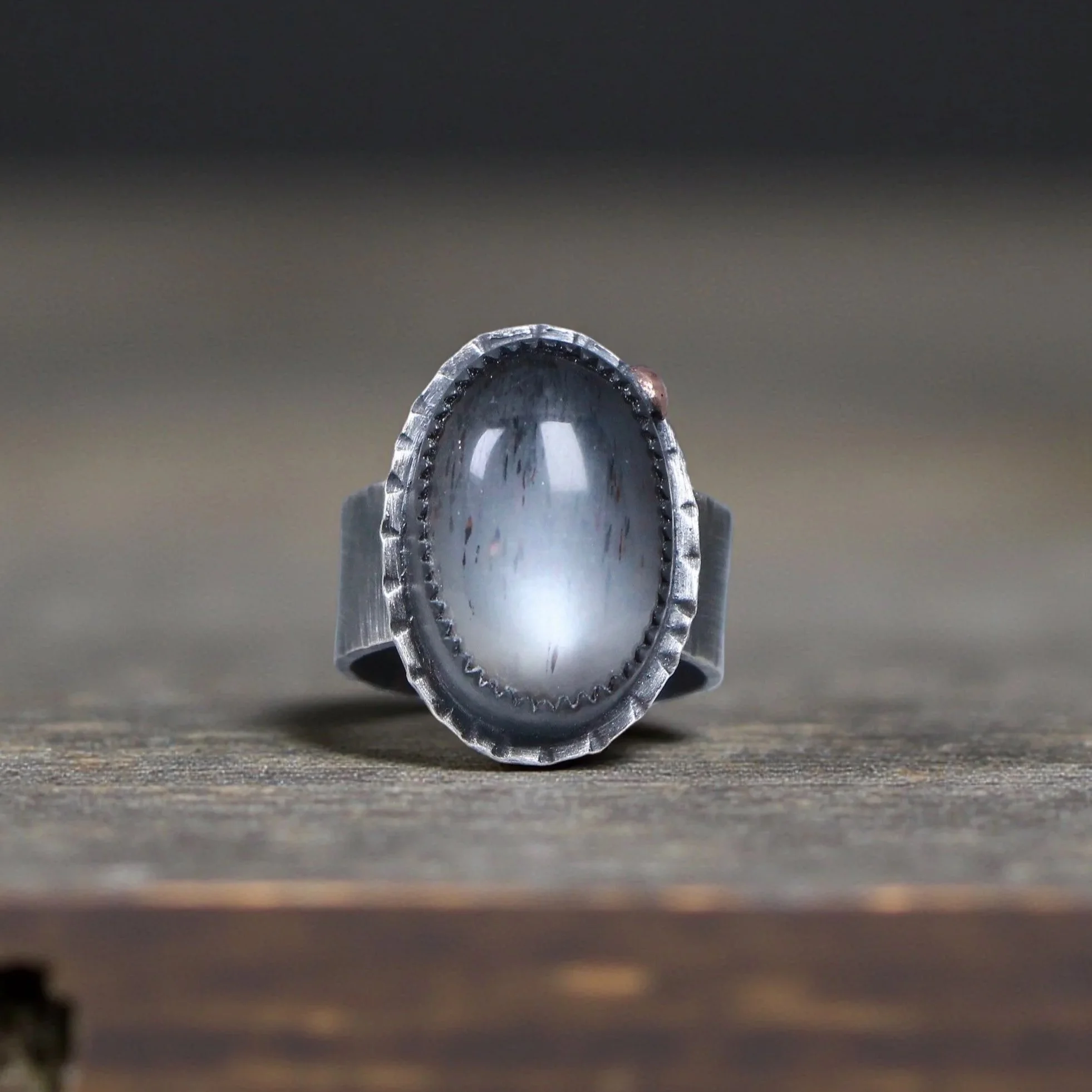 Blackened Moonstone Ring ~ Fine & Sterling Silver ~ Copper ~ Size 6-6.5