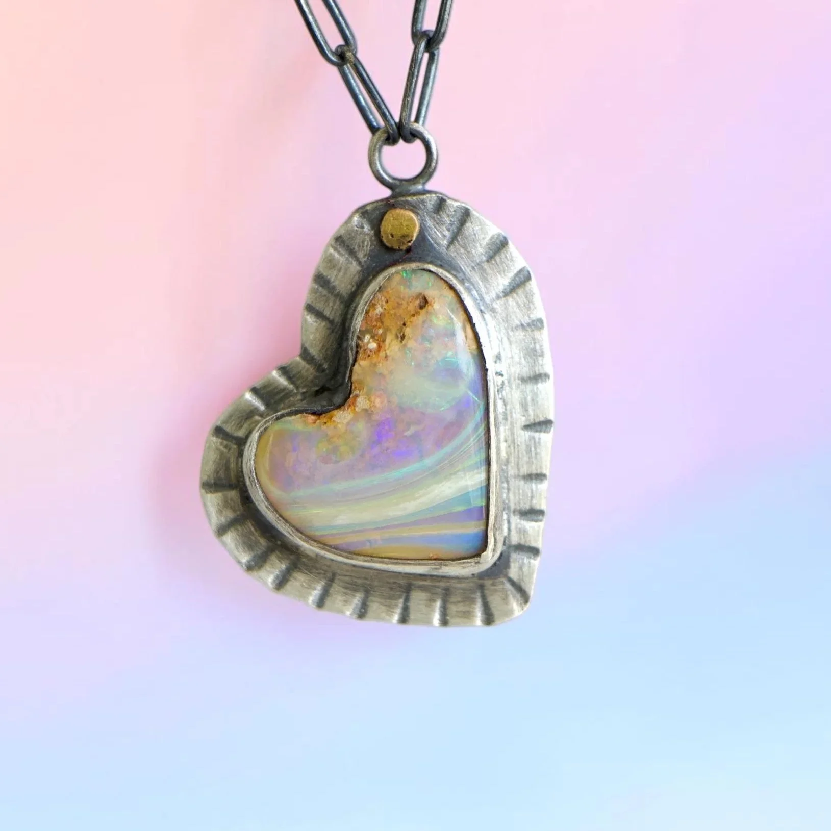 Pipe Opal Heart Necklace ~ Fine & Sterling Silver ~ 14k Gold
