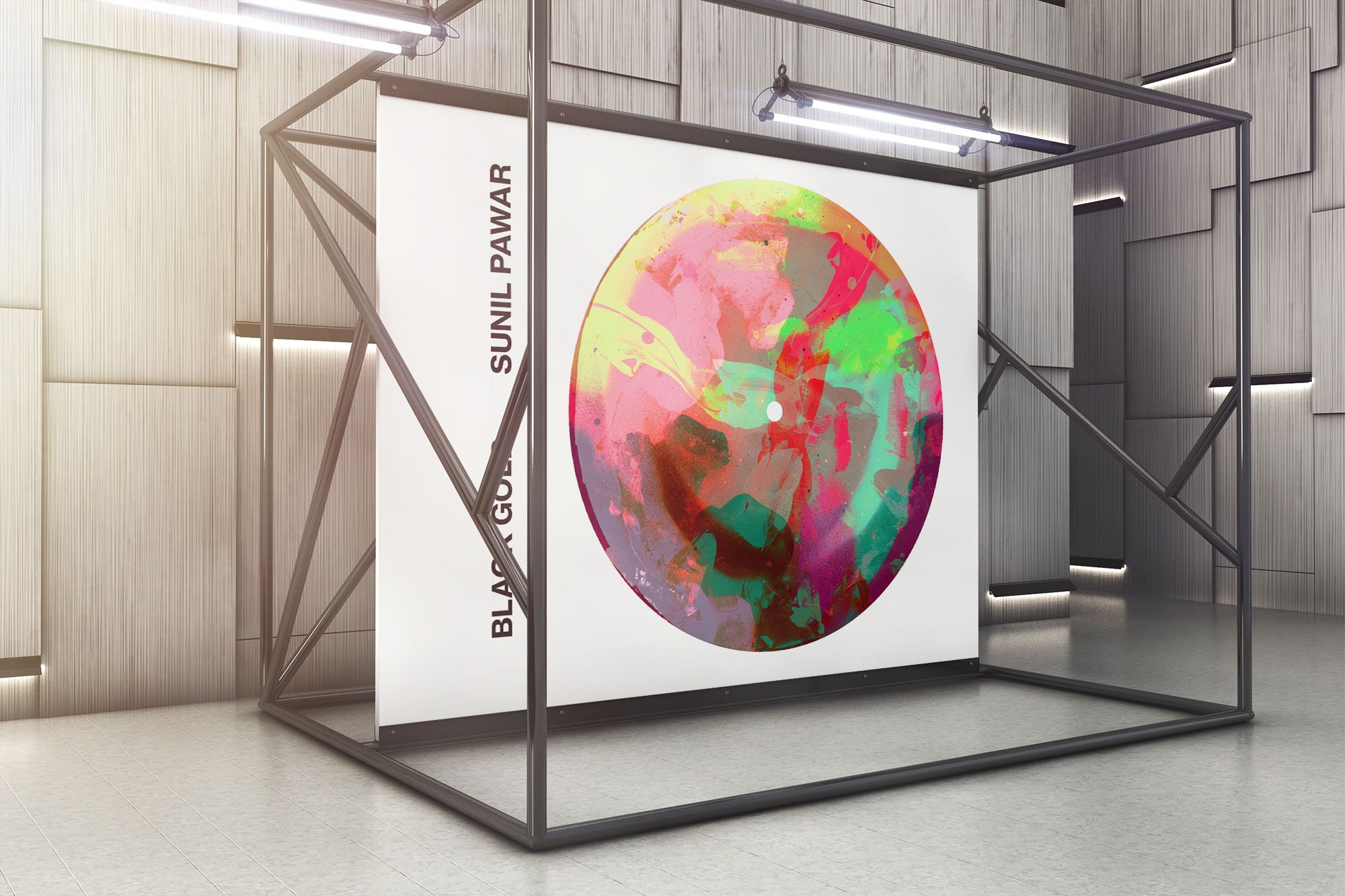 Exhibit booth with a colorful abstract art piece in a gray frame, with the text BLACK and GOLD SUNIL PAWAR on a white background.