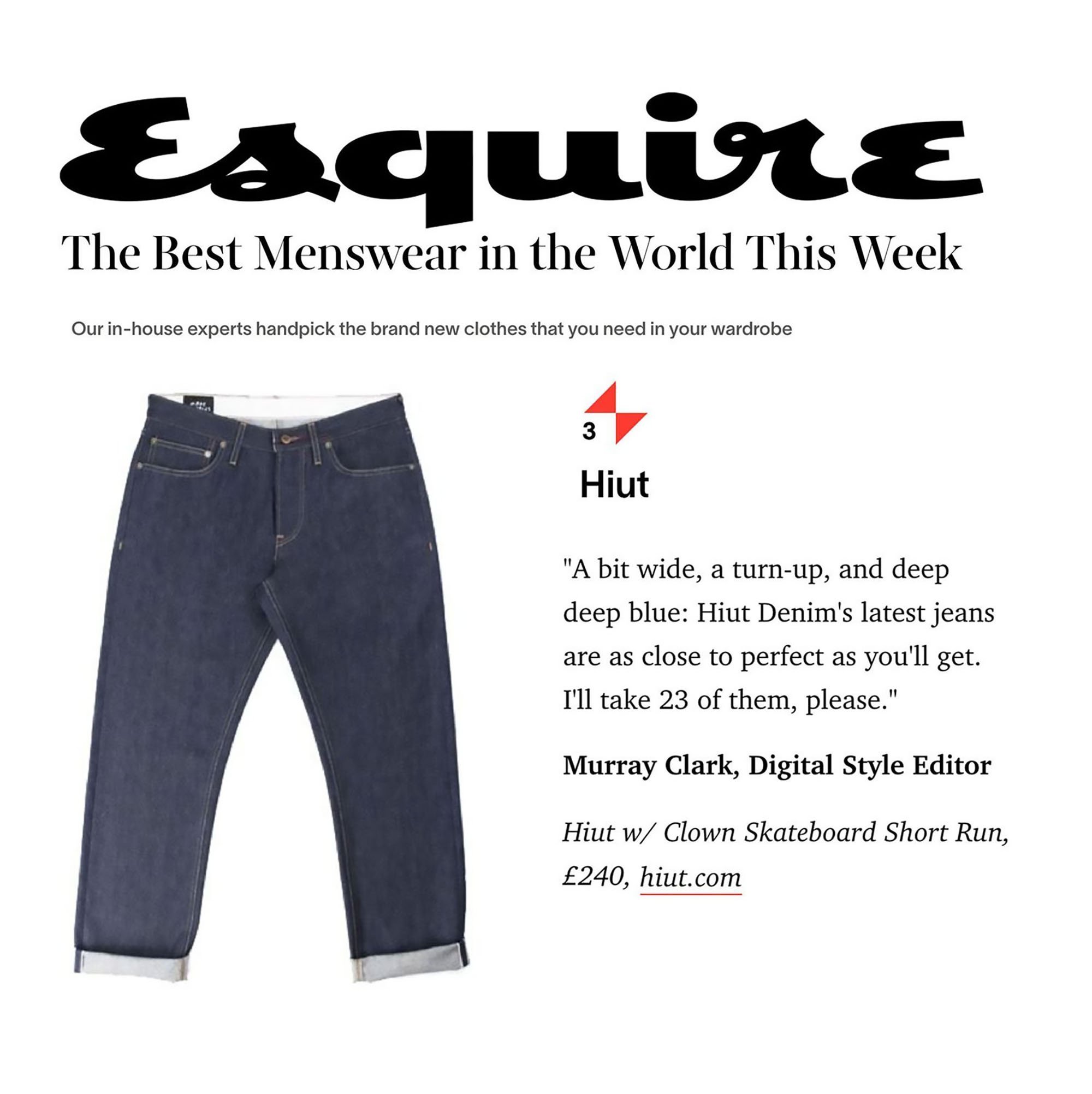 An advertisement for Huit denim jeans featuring a pair of deep blue, wide, turn-up jeans with deep cuffs, on a white background with black, red, and gray text.