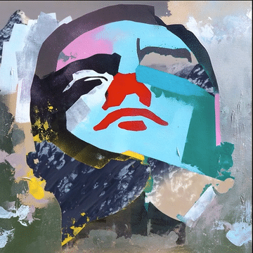 Abstract portrait of a woman with bold colors and brushstrokes, featuring prominent black hair, red lips, and a blue background.