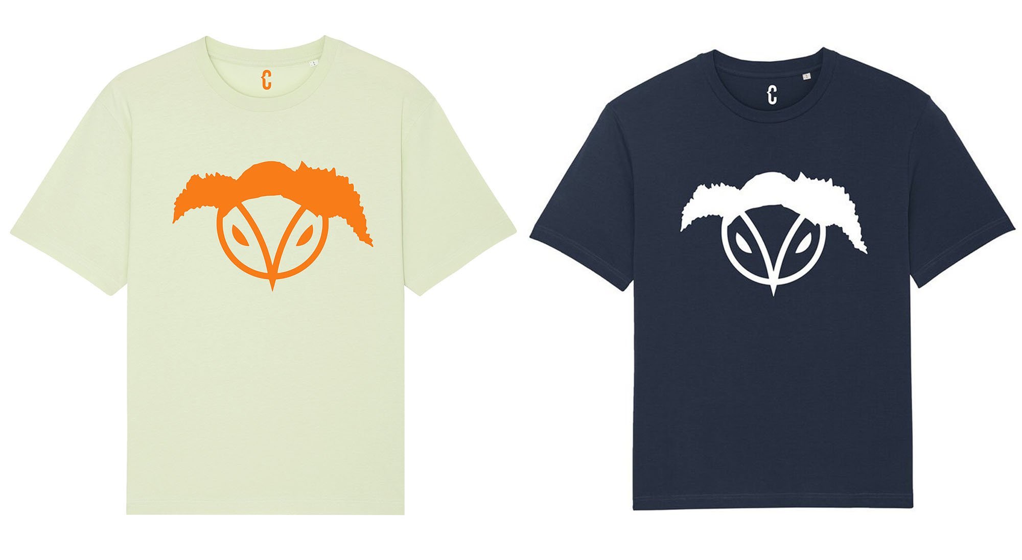 Two T-shirts, one light-colored with an orange graphic of a leaf with an abstract face in the middle, and one dark-colored with a similar white graphic.