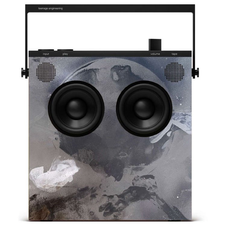A speaker with Teenage Engineering branding and space-themed artwork, featuring two large speakers and controls on top by Sunil Pawar