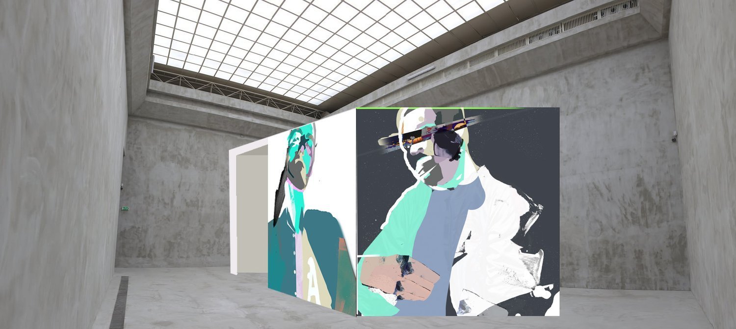 Digital artwork of two people in space, one wearing a helmet with a spaceship visor and the other wearing glasses, displayed on vertical panels in a modern gallery.