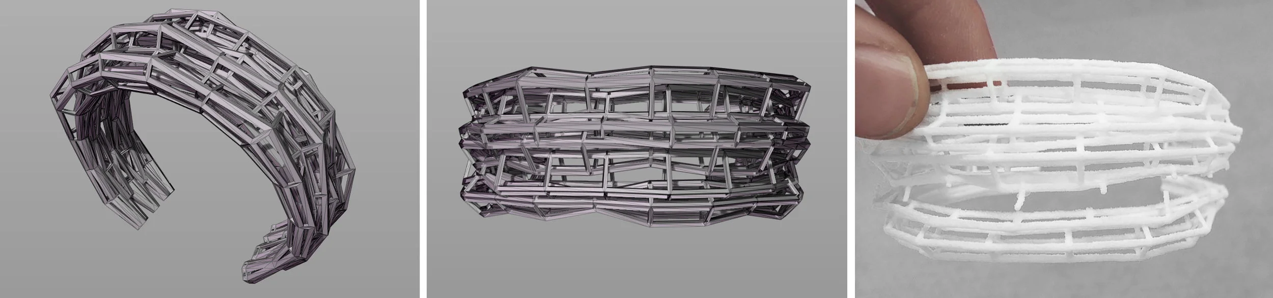 Testing Tolerances: this early test print shows that strut elements of the bracelet design were too thin, causing the print to brake during production.