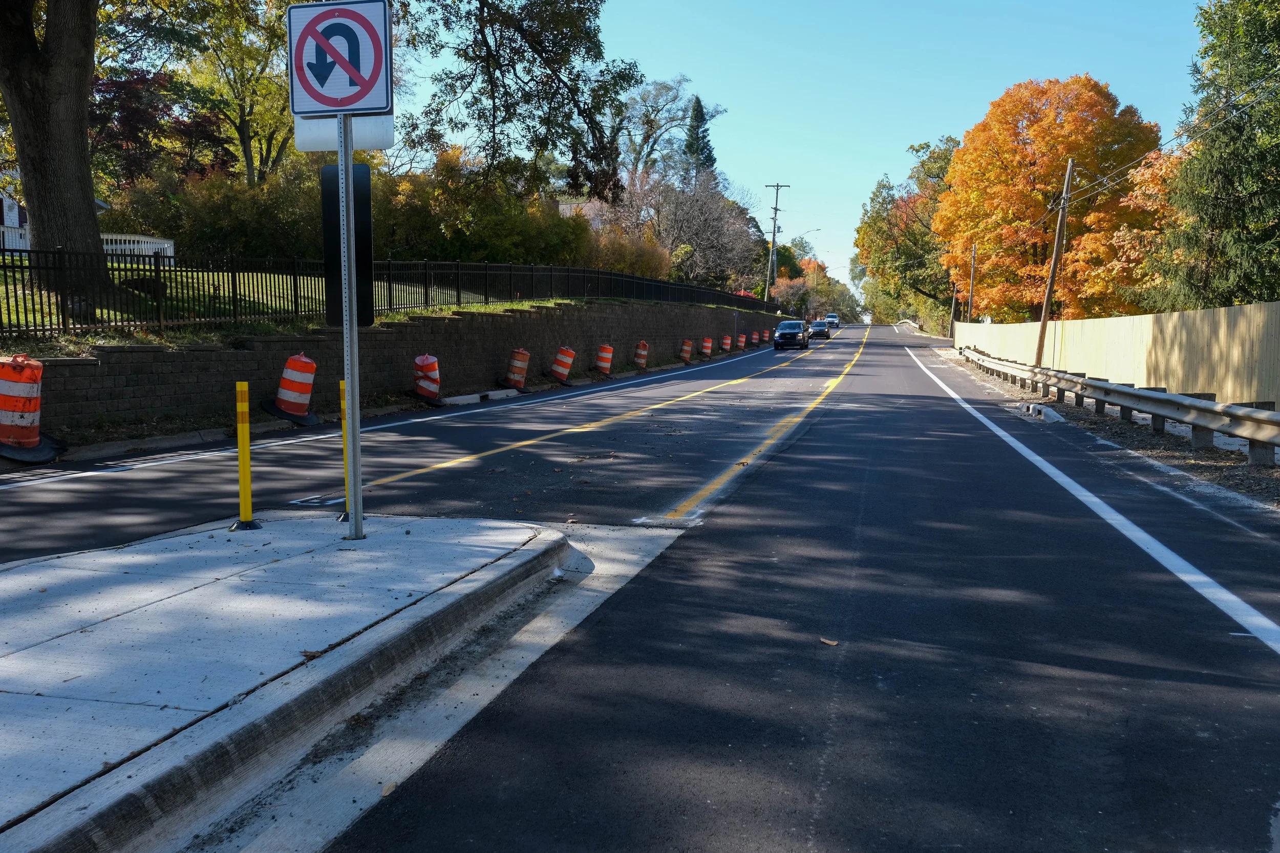 View of Parkview Avenue from new crosswalk and pedestrian island.