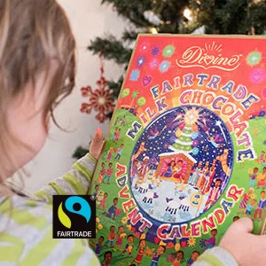 Divine Advent Calendar A delectable holiday countdown! Each window reveals a portion of the Christmas story and yields a scrumptious milk chocolate heart. 5% of sales go towards empowerment initiatives for the women cocoa farmers of Kuapa Kokoo in Ghana