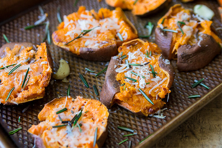 Garlic Parmesan Smashed Sweet Potato