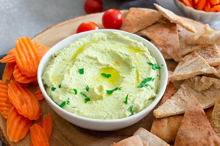 Avocado-Edamame Dip with Baked Pita Crisps