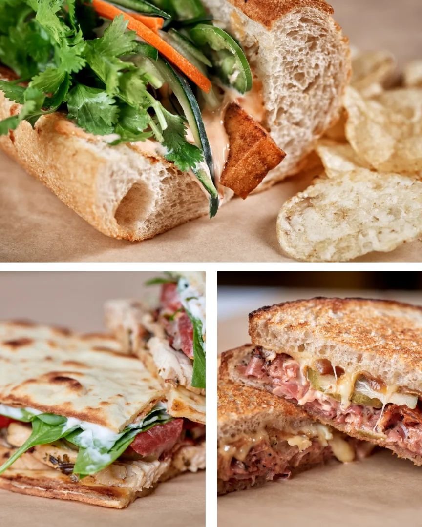 Our made-to-order sandwich menu is refreshed for spring! 

--- Smoked Turkey Club
--- Pastrami Reuben (local pastrami!)
--- Grilled Ham &amp; Swiss
--- Mediterranean Chicken
--- Tofu Banh Mi (local tofu!) (vegetarian)
--- Mushroom Truffle Delight (ve