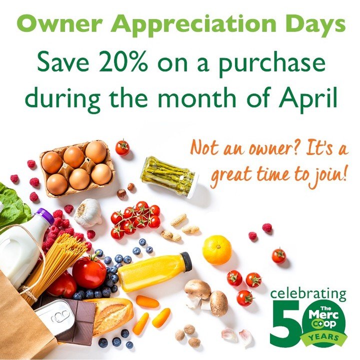 Hey co-op owners! It's Owner Appreciation Days - every owner receives 20% off a shopping trip during the month of April. 

Thank you to the more than 9,600 members of our community for your investment in our cooperative! 

Interested in joining? Visi