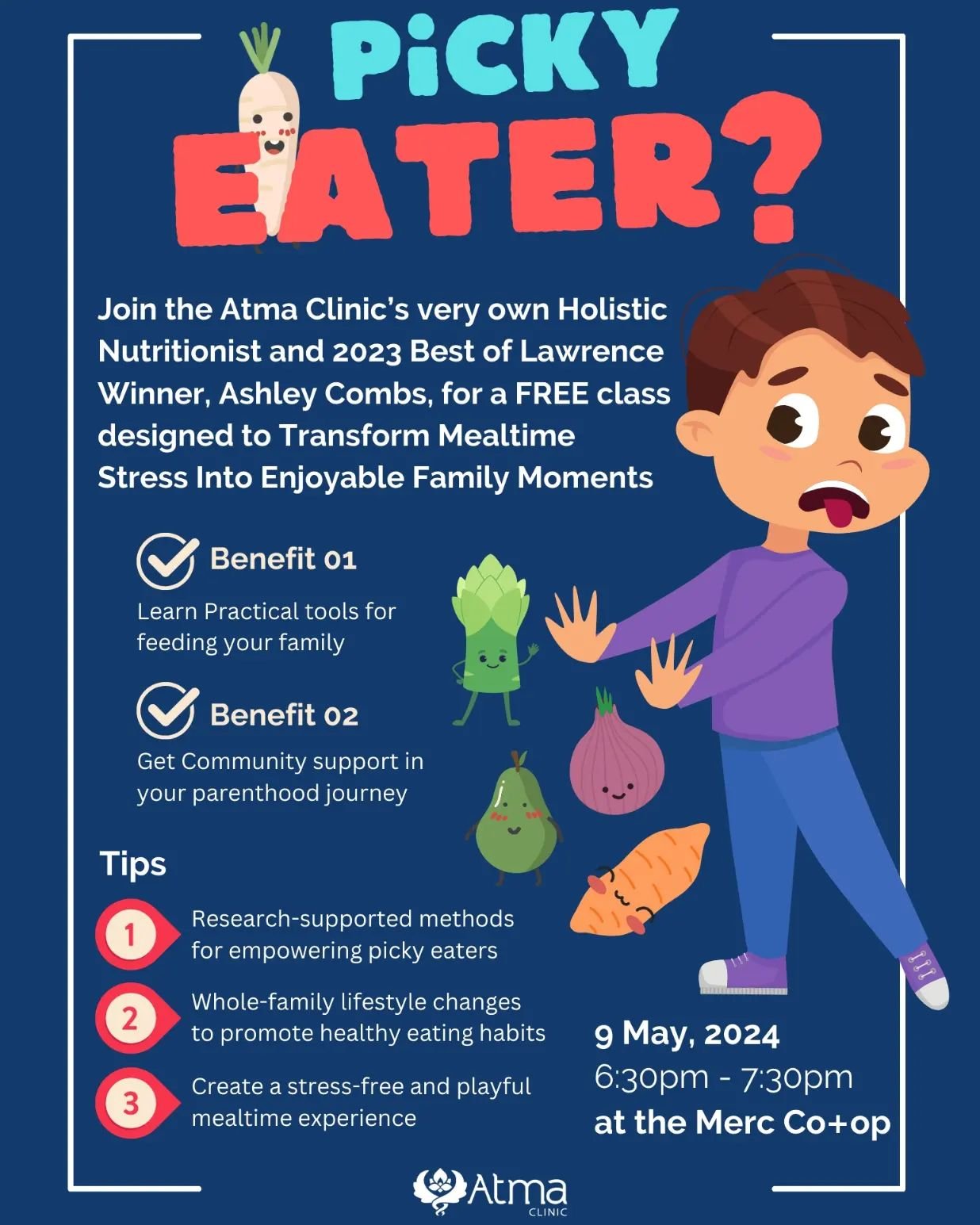 Have a picky eater in your household? We are excited to partner with the @atmacliniclawrenceks to host this free class, presented by Holistic Nutritionist Ashley Combs! You'll learn research-supported methods to create a stress-free, playful mealtime