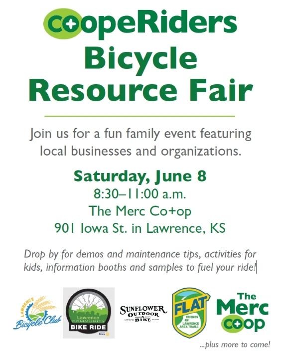 Join us Saturday, June 8th at our Lawrence store for the Co+opeRiders Bicycle Resource Fair! 🚲 

Ride in or drop by for demos and maintenance tips from local cycling organizations, activities for kids, information booths and samples to fuel your rid