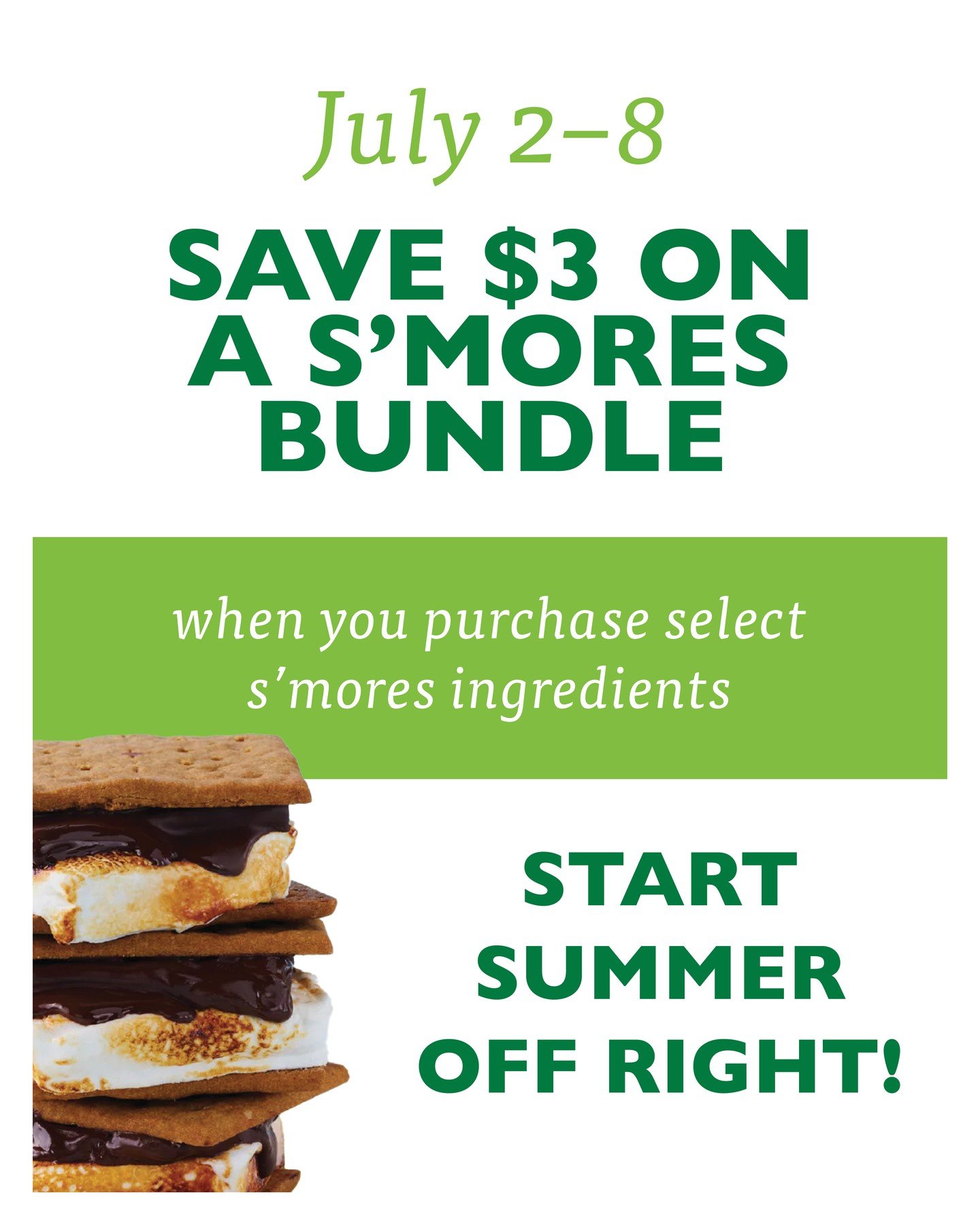 It's s'mores season! Start your summer off right with a s'mores bundle deal at the co-op. Save $3 when you purchase select grahams, chocolate and marshmallows! Sale is at both store locations through July 8, see store for details. 🌞 #happyfourth