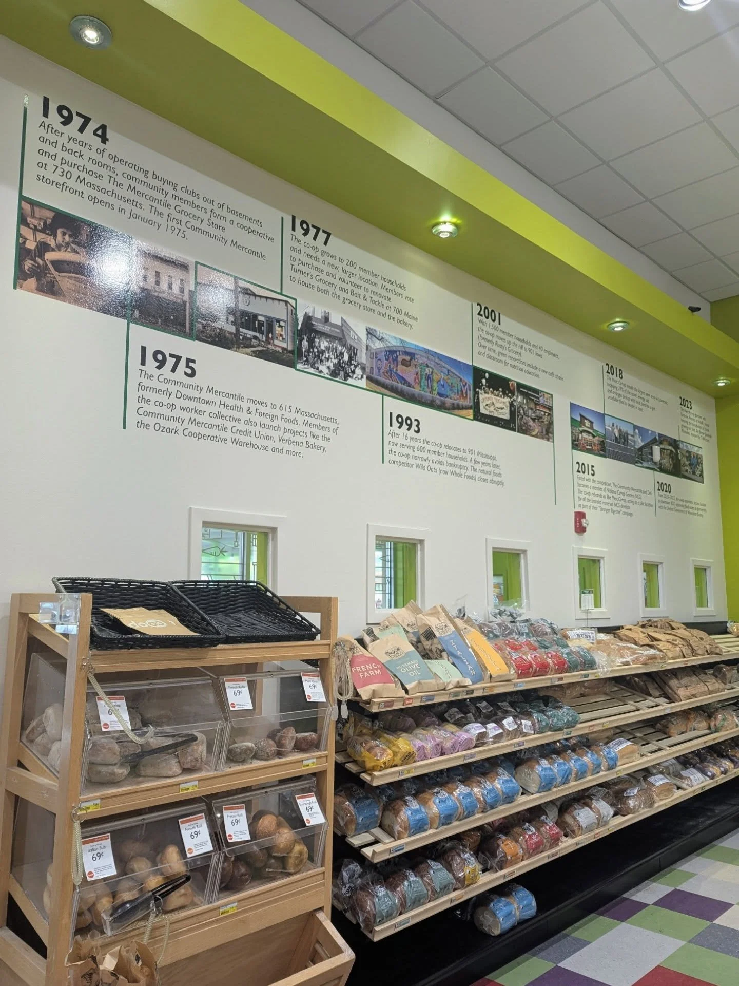 Our co-op celebrates 51 years this October! Thanks to @fastsignslawrence for our new timeline, featuring just a few of the milestones we've achieved together since 1974. And a big thank you to the staff, owners, board members, and shoppers that have