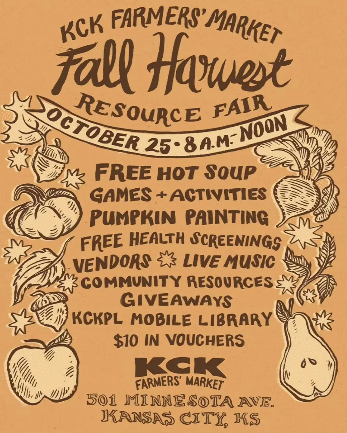 Stop by the Fall Harvest Resource Fair on October 25 - the final market of the season at our KCK location. We'll be out with mini pumpkins to paint!

From @kckfarmersmarket : We need your support to make this event a success! This market will be fill